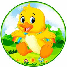 a yellow duck sitting on top of a green field