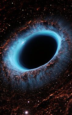 a black hole in the sky with bright blue light coming from it's center