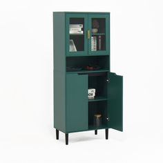 a green cabinet with two doors and shelves on the bottom, one door open to reveal an item