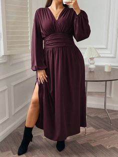 Rojo violeta Elegante Collar manga larga Tela tricotada Liso A línea Embellished No-Elástico Red Violet, Lantern Sleeve Dress, Lantern Sleeve, Inspiration Mode, Lantern Sleeves, Kids Beachwear, Dress P, Plus Clothing, Evening Dress