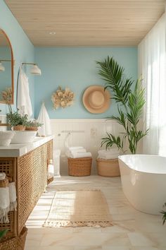 a bath room with a tub a sink and a mirror