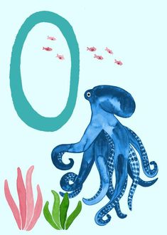 an octopus and fish are swimming in the ocean with the letter o on it's back