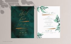 two wedding cards with green leaves on them