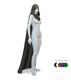 a white female mannequin wearing a black cape