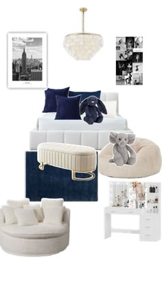 a white and blue bedroom with pictures on the wall