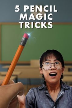 a woman holding a pencil in front of her face with the words 5 pencil magic tricks