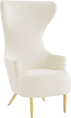 an upholstered white chair with wooden legs and a curved back, viewed from the front