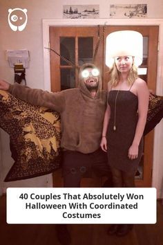 two people standing next to each other in front of a mirror with the caption 40 couples that absolutely won halloween with coordinated costumes