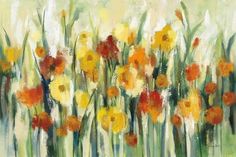 an abstract painting of yellow and orange flowers