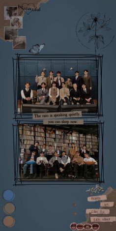 two stacks of books with people sitting on them in front of the bookcases