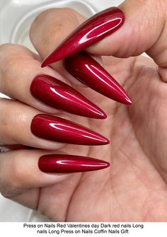 Sexy, dark red press on nails with a hint of gold shimmer. Style used in photo is "Long (Stiletto)''. ✨IMPORTANT: ♥ Red Nails Stiletto Long, Dark Red Nails Long, Nails For Date Night, Nails Red Valentines Day, Nails Red Valentines, Red Nails Long, Butterfly Stomach, Luxurious Nails