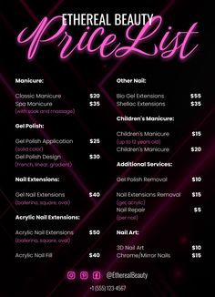 An easy-to-edit price list template for Google Docs. Nails Price List Design, Canva Price List Ideas, Nail Price List Ideas Beginner, Nail Pricing List, Nail Policy Template, Nail Price List Background, Business Price List Design, Price List Design Nails, Nail Prices For Beginners