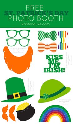 the st patrick's day photo booth is featured in this graphic style, with shamrocks and hats