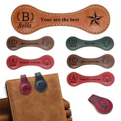 leather dog collar tags with personalized names and engraving on the front, shown in various colors