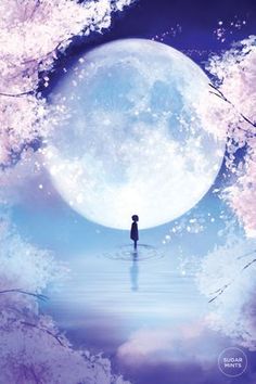 a person standing in the water under a full moon with trees and flowers around them