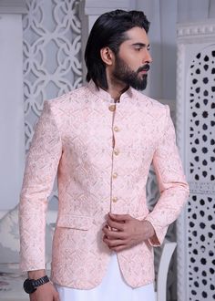 Gender: Men Category: Clothing Outfit Type: Eastern Sub-Category: Prince Coat Color Type: Pink Fabric: Rawsilk Number of Pieces: 1 Piece - Top Product Type: Wedding/Guest Wear - Formal Season: All Season Additional Description: Mens Designer Prince Coat On Raw Silk with Computer Embroidery and Gold Sequence Disclaimer: Actual product color may vary slightly from the image. Wedding Suits Groom Pink, Prince Coat For Men Wedding, Prince Coat For Men, Prince Suit, Wedding Fits, Prince Coat