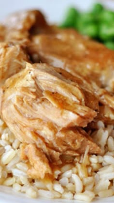 rice and meat on a white plate with broccoli in the backgroud