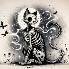 a black and white drawing of a cat sitting on top of a skeleton