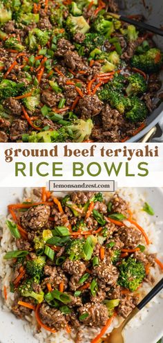 ground beef teriyaki rice bowls with carrots, broccoli and green onions