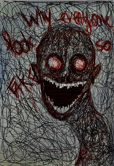 a drawing of a creepy face with red eyes