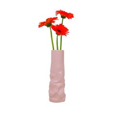 three red flowers are in a pink vase