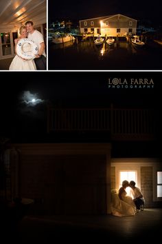 a couple standing in front of a house at night with their wedding pictures taken outside