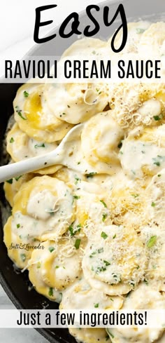 an easy ravioli cream sauce recipe in a cast iron skillet with text overlay