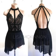 two pictures of the back of a black dress with sheer lace on top and bottom