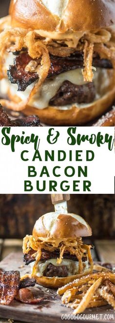 bacon and cheese sandwich on a bun with the words spicy & smothy candied bacon burger