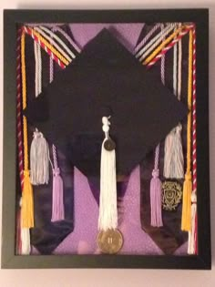 a black graduation cap and tassels in a shadow box with purple wallpaper