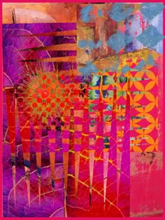 an abstract painting with many different colors and patterns on it's surface, including pinks