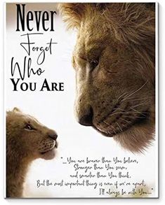 the lion and cub are facing each other in front of a quote from the movie, never forget who you are