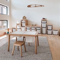 a child's table and chairs in a room with white walls, wooden floors and flooring