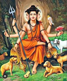 the hindu god sitting on top of a tree surrounded by animals