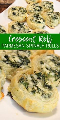 several small pastries on a white plate with green text overlay that reads crescent roll parmesan spinach rolls