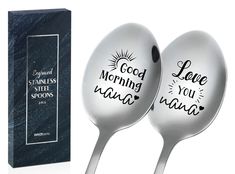 two spoons with the words good morning and love you always on them next to a box