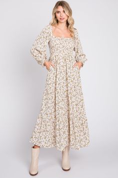 Mocha Floral Smocked Long Sleeve Maxi Dress – PinkBlush Peasant Dresses For Women, Maxi Dresses Casual Fall, Cream Photoshoot Outfit, Women’s Maxi Dress, Olive Green Fall Dress, Long Work Dress, Trad Wife Dress, Long Sleeved Maxi Dress, Mid Sized Fashion Fall