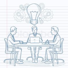 three men sitting at a table with a laptop in front of them and an idea light bulb