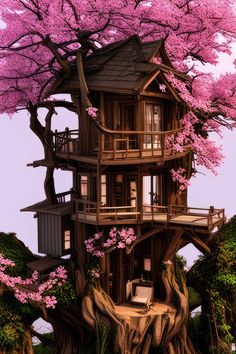 Cherry Blossom Tree House Digital Illustration Art Print Cabin Sunset, Adult Tree House, Treehouse Design, Massive Tree, Blox Burg, Plush Armchair, Tree Cottage, Organic Structure, Tree House Designs