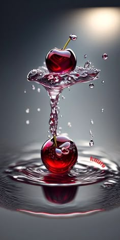 two cherries falling into the water with their tops still attached to each other,