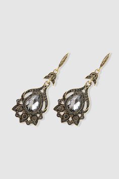 The vintage-inspired dangle earrings feature intricate filigree designs adorned with shimmering crystals. A bold teardrop crystal takes center stage, surrounded by delicate accents that enhance their elegance. Features: Intricate filigree detailing Teardrop crystal centerpiece Sparkling crystal accents Lightweight comfort 1920 Accessories, Roaring 20s Jewelry, 20s Jewelry, 1920s Accessories, 1920s Jewelry, 1920s Headpiece, Crystal Centerpieces, Dim Gray, Black Earrings Dangle