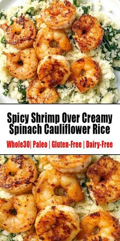 shrimp over creamy spinach cauliflower rice on a white plate with the words spicy shrimp over creamy spinach cauliflower rice