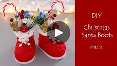 a pair of red shoes with candy canes on them and the words diy christmas santa boots