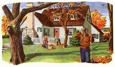 a man standing in front of a white house with trees and leaves on the ground