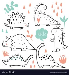 cute dinosaurs with different shapes and sizes in the style of children's drawings