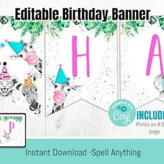 birthday banner with giraffes, zebras and flamingos on white wood