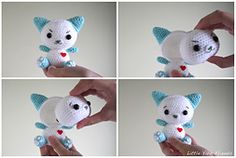 four pictures of a white cat with blue ears and tail holding a small stuffed animal