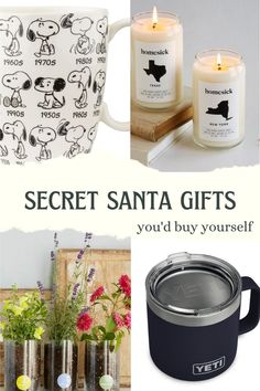 gifts for santa and other people that are on the shelf with candles, mugs and flowers