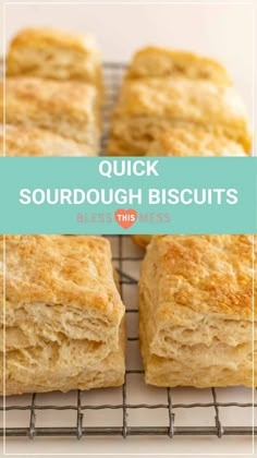 quick sourdough biscuits on a cooling rack with text overlay