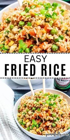 easy fried rice with peas and carrots in a white bowl